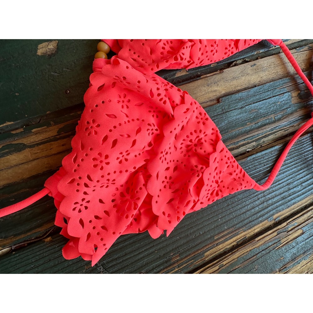 Victorias Secret Neon Pink Eyelet Laser Cut Ruffle Triangle Bikini Top Large - Picture 2 of 10
